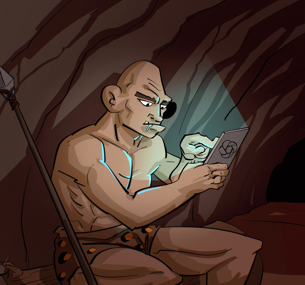 Caveman with phone cartoon